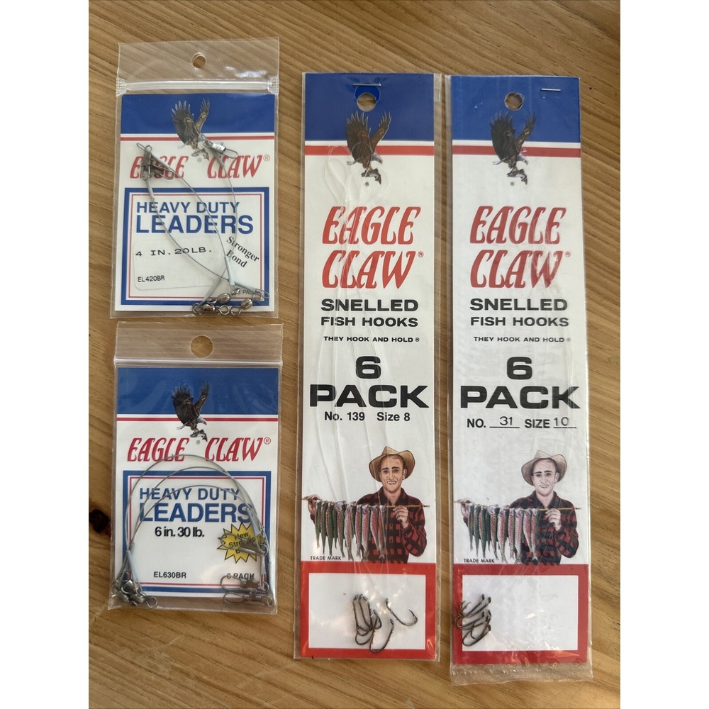 Packs Eagle Claw Brand Fishing Snelled Hooks And Heavy Duty Leaders Mixed Sizes